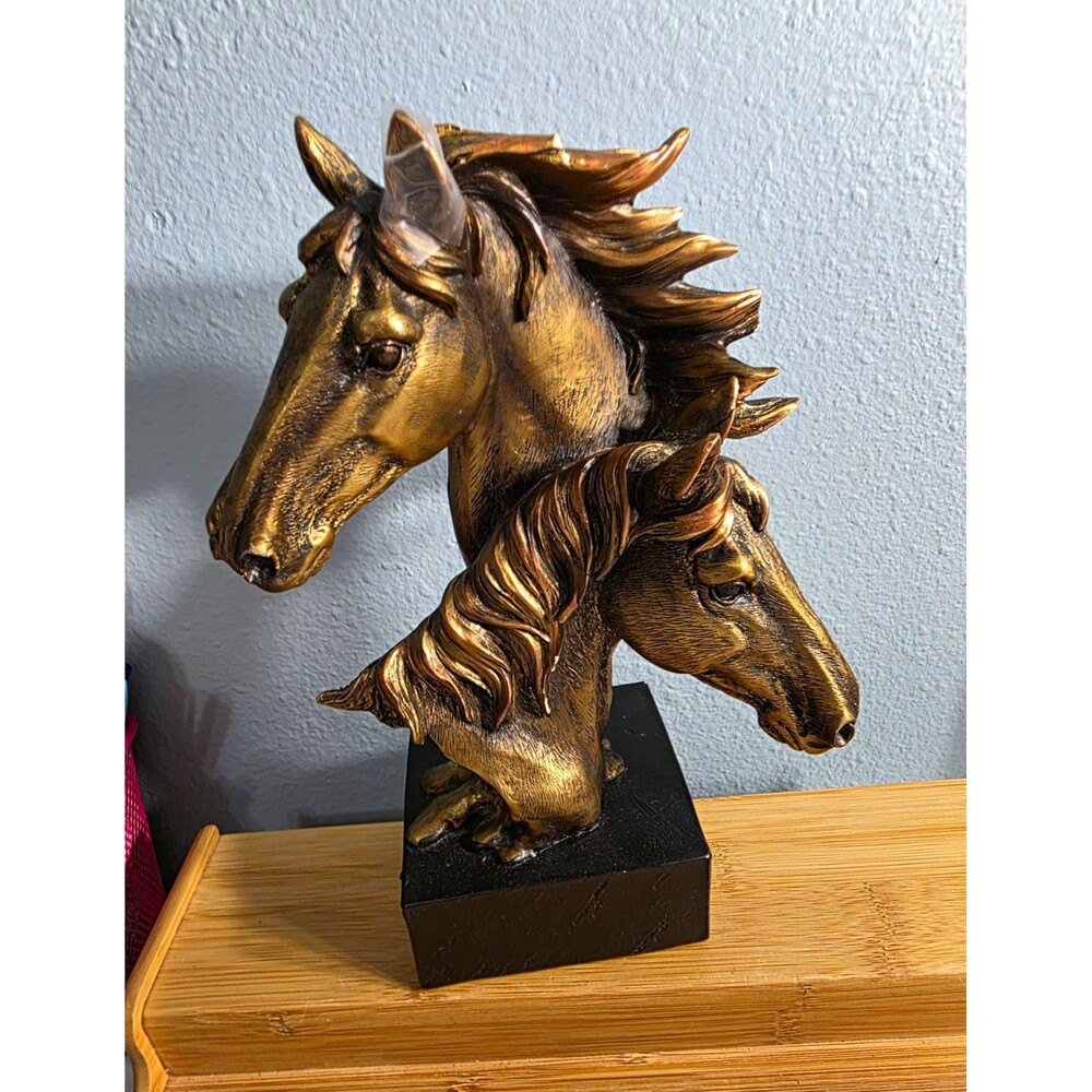 Western Horse & Foal Head 9" Bust Figurine Bronze Color Black Pedestal READ